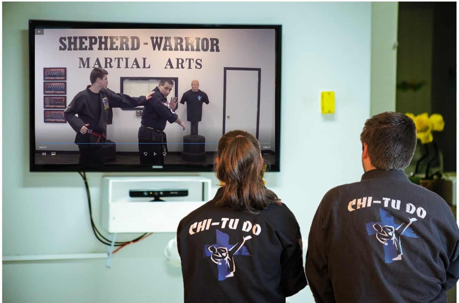 Two students watching online classes at Shepherd-Warrior Martial Arts